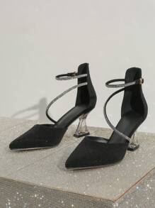 Pointed Toe High Heels With Crystal And Rhinestone Decor Hollow Out Vamp Women's Shoes