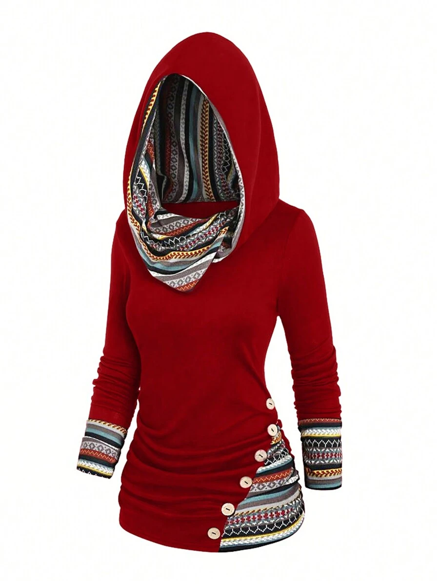 SHEIN LUNE Women's Geometric Pattern Button Decorated Hooded T-Shirt - Red - View 1