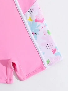 SHEIN Traje de baño de una pieza para niñas con estampado de dibujos animados y bloques de color con ribete contrastante