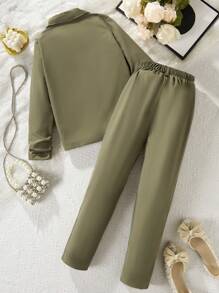 2入組/套青少女披肩領長袖西裝上衣和長褲套裝 - 軍綠色 - 查看 2