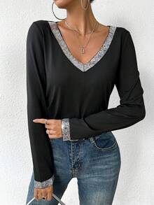 SHEIN Privé 女士閃亮拼接v領t恤 - 黑色 - 查看 4