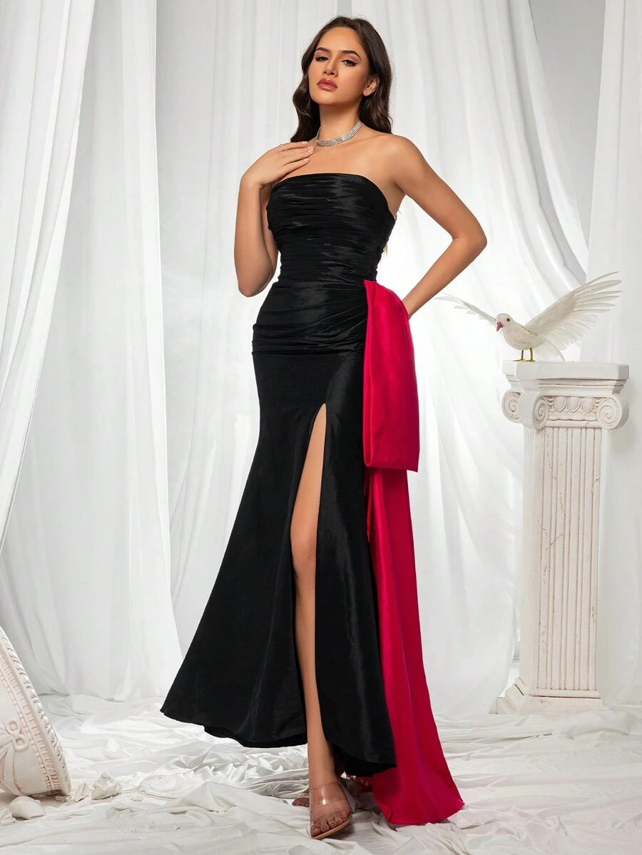 Women's Strapless Color Block Dress With Side Slit, For Evening Party - Black - View 1