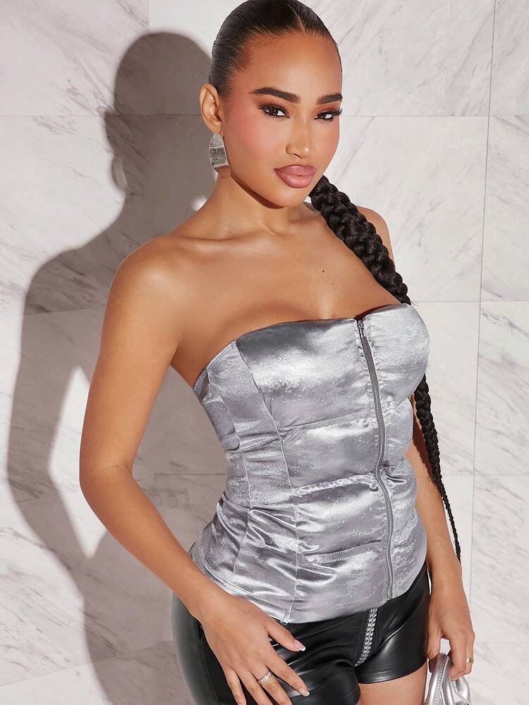 Fashion Metallic Puffer Zip Up Tube Top