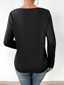 SHEIN Privé 女士閃亮拼接v領t恤 - 黑色 - 查看 2