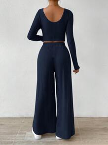Chiquease Women's Short Cropped Sleeve T-Shirt And Wide-Legged Pants Two-Piece Set - Royal Blue - View 2