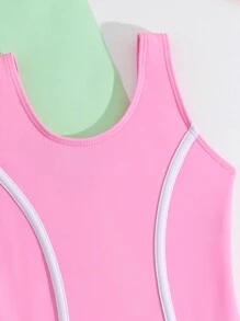 SHEIN Traje de baño de una pieza para niñas con estampado de dibujos animados y bloques de color con ribete contrastante