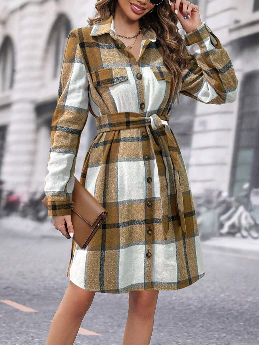 SHEIN LUNE 格紋束帶連身裙 - 芥末黃 - 查看 1