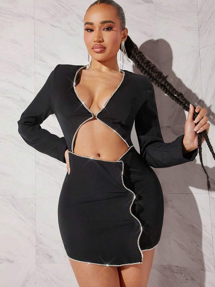 Rhinestone Trim Cut Out Dress