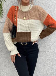 Chiquease 撞色立领落肩针织套头衫秋冬毛衣 - 彩色 - 查看 6