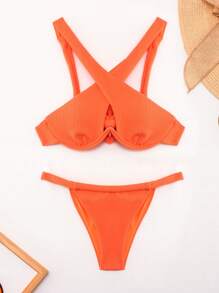SHEIN Swim Women's Cross Design Textured Bikini Set Carnival Summer