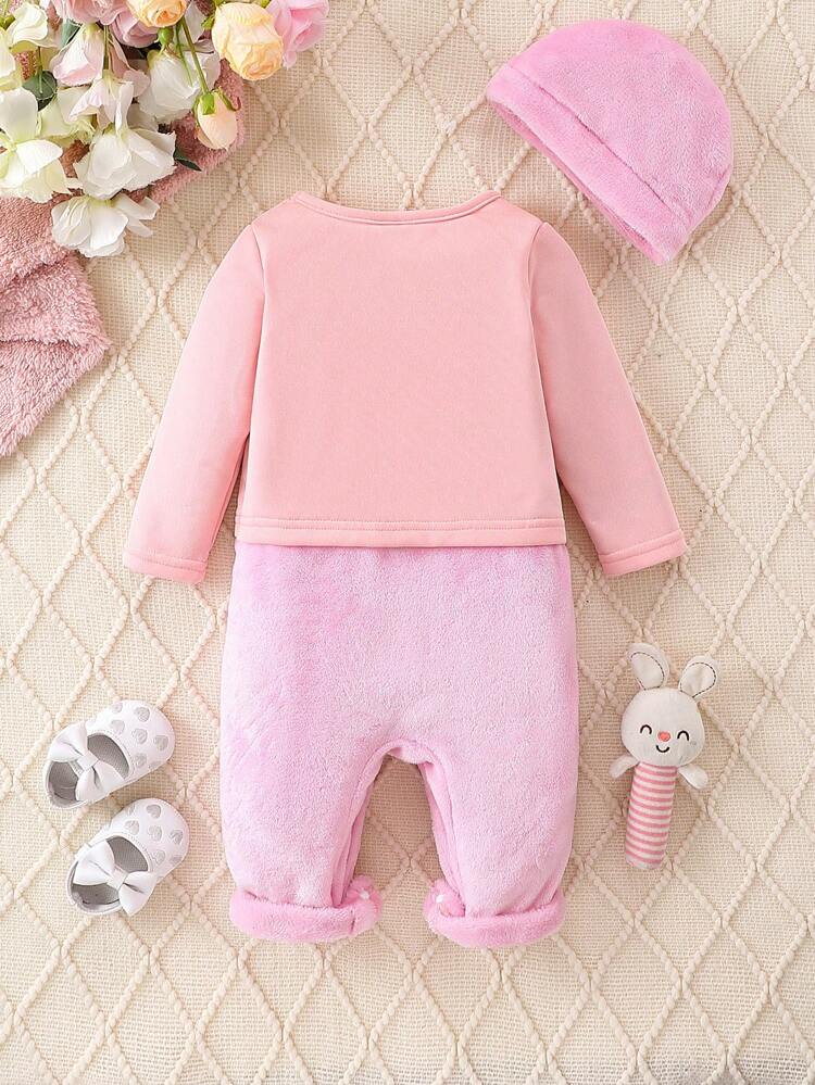 Baby Girls' Long Sleeve Cute Letter Embroidery Patchwork Fluffy Jumpsuit