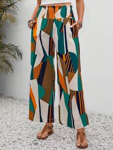 Elastic Waist Wide Leg Pants With Side Pockets - Apricot - View 3
