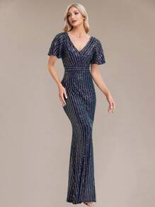 Váy dạ hội nữ tay áo hình bướm tương phản viền sequin dành cho nữ - Màu xanh hải quân - Xem 6