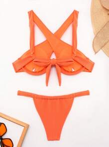SHEIN Swim Women's Cross Design Textured Bikini Set Carnival Summer
