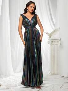 Vestido de noche plisado con escote en V y espalda descubierta holográfico para mujer