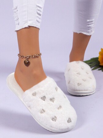 Pantuflas con corazón blanco, pantuflas de felpa cálidas para interiores para mujer para otoño/invierno, zapatos de piel