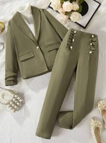 2入組/套青少女披肩領長袖西裝上衣和長褲套裝 - 軍綠色 - 查看 1