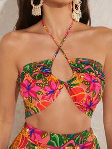 Hauture Tropical Halter Tie Top & Pants Two Pieces Set - Multicolor - View 6