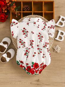 Bộ đồ liền thân cổ áo sơ mi in hoa thanh lịch và tay bồng cho bé gái, mùa xuân/hè - trắng - Xem 2