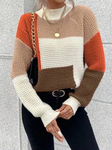 Chiquease 撞色立领落肩针织套头衫秋冬毛衣 - 彩色 - 查看 5