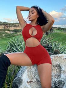 SHEIN SXY Solid Color Cut Out Catsuit Unitard, For Summer - Red - View 3