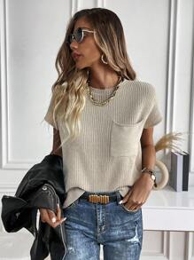 SHEIN LUNE Solid Pocket Patched Batwing Sleeve Knit Top - Light Grey - View 5