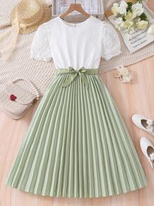 Teen Girls' Lace Panel Puff Sleeve Pleated Dress
