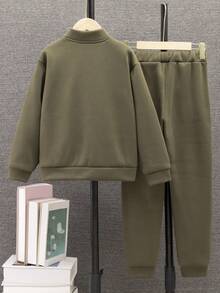 少年男孩休閑保暖冬季夾克和印有標語圖案的運動褲 - 軍綠色 - 查看 2