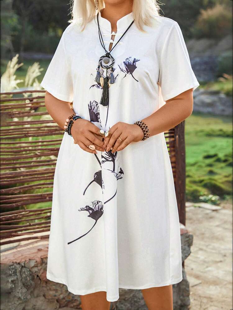 Plus Size Women'S Chinese-Style Buttoned Dress