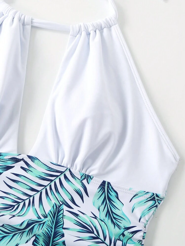 Tropical Print Cut Out One-Piece Swimsuit With Halter Neck Summer