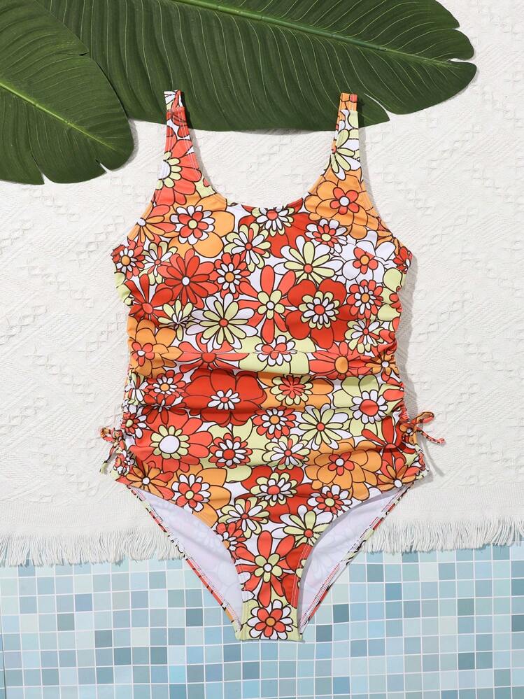 SHEIN Teen Girls' Flower Printed One Piece Swimsuit - Orange - View 5