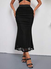 SHEIN Privé Pleated Mesh Mermaid Skirt - Black - View 5