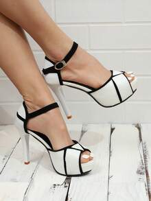 女式輕盈舒適彩塊露趾高跟鞋,踝帶涼鞋適用於派對、婚禮、夏季（白色） - 白色 - 查看 3