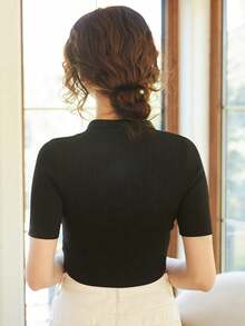 Knit Mix Color Block Short Sleeve Knitted Top - Black - View 2