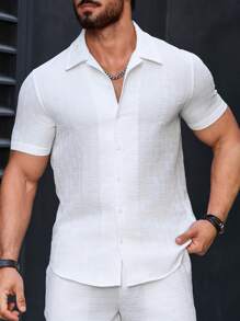 Manfinity Homme 男士纯色休闲短袖翻领衬衫，适合外出，男士白色上衣，男士纹理衬衫 - 白色 - 查看 7