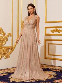 Faeriesty 链条装饰深V领圣诞亮片教堂舞会礼服 - 香檳色 - 查看 5