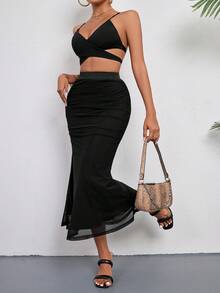 SHEIN Privé Pleated Mesh Mermaid Skirt - Black - View 3