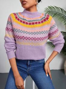 Chiquease Women's Geometric Pattern Raglan Sleeve Knit Pullover Fall Winter Sweater - Multicolor - View 3