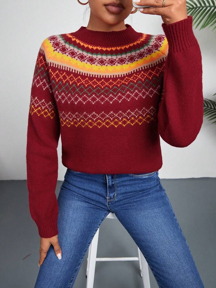 Women's Geometric Pattern Long Sleeve Knit Pullover Fall Winter Sweater