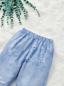 SHEIN 年轻女孩牛仔效果牛仔裤 - 淺藍色 - 查看 4