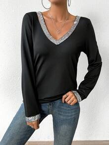 SHEIN Privé 女士閃亮拼接v領t恤 - 黑色 - 查看 3