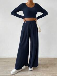 Chiquease Women's Short Cropped Sleeve T-Shirt And Wide-Legged Pants Two-Piece Set - Royal Blue - View 5
