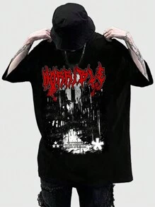 ROMWE MEN Goth 男士字母印花t恤 - 黑色 - 查看 1