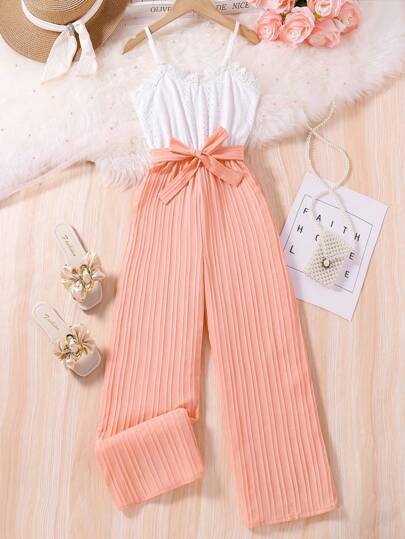 SHEIN Vintaside Kids Tween Girl Lace Trimmed Cami Jumpsuit, Texture Fabric For Everyday Casual Fashion Look