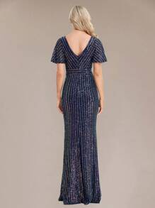 Váy dạ hội nữ tay áo hình bướm tương phản viền sequin dành cho nữ - Màu xanh hải quân - Xem 5