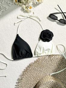 女士 3D 花卉装饰拼色泳衣上衣 - 黑與白 - 查看 3