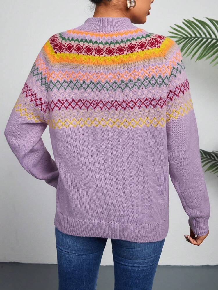 Women's Geometric Pattern Raglan Sleeve Knit Pullover Fall Winter Sweater