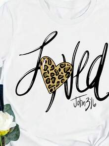 Calvaya 豹心印花t卹,女款加情人節短袖圓領休閒上衣春夏女裝 - 白色 - 查看 4