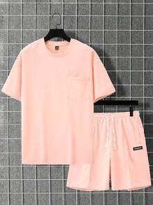 Manfinity Homme 男士休闲圆领落肩袖 T 恤和抽绳腰短裤套装，外出 - 淺粉色 - 查看 7