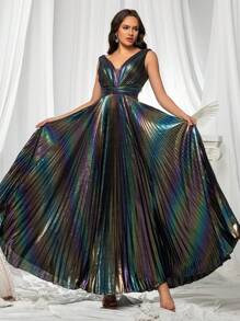 Vestido de noche plisado con escote en V y espalda descubierta holográfico para mujer